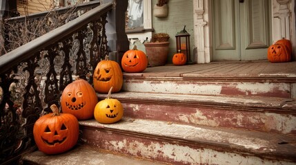 Obraz premium Carved pumpkins lined up on porch steps