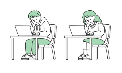 パソコン作業に悩む学生男女のイラスト