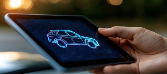 A hand holds a tablet displaying a digital hologram of a car, symbolizing futuristic automotive technology and innovation.