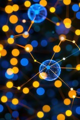 Abstract digital network with interconnected nodes and glowing spheres in blue and orange hues against a dark background.