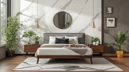 Modern bedroom interior with wooden furniture and plants.