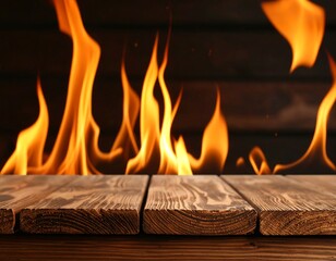 Burning flames above a rustic wooden table