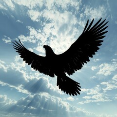 Fototapeta premium 3D silhouette of eagle soaring in the sky, layered clouds, wide wingspan 