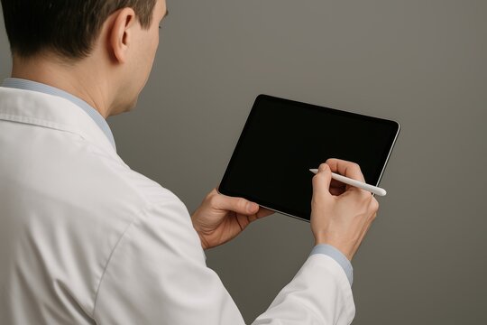 Back view of doctor using pen on digital tablet screen, clean background, healthcare technology pose