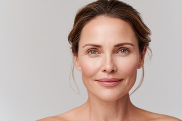 Striking beauty portrait showcasing a mature woman with her hair styled radiating confidence and timeless elegance against a neutral backdrop