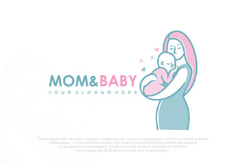 Mother and baby logo. Mom holding her child in her arms , vector illustration