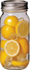 A clear jar filled with whole and sliced lemons and ice cubes, showcasing a refreshing citrus arrangement.