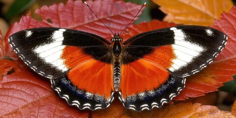 A vibrant butterfly with striking black, white, and orange wings rests on reddish-orange autumn leaves.