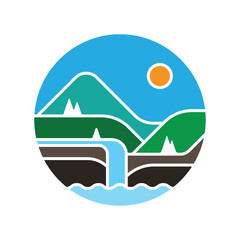 simple ecosystem of mountains and waterfalls in a circle logo vector