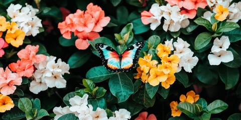 A vibrant butterfly rests on green leaves surrounded by blooming orange, yellow, and white flowers.