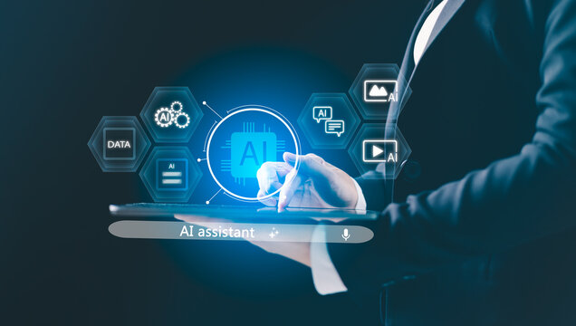 AI powered assistance. user interacting with virtual AI assistant interface on mobile, laptop, tablet icons for voice, text, image, video generation, representing smart technology, productivity tools