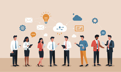 Modern flat illustrations of diverse business teams collaborating, communicating, and networking, surrounded by digital icons representing various business functions and technology