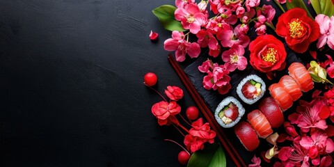 A vibrant sushi platter with various rolls and nigiri, accompanied by pink blossoms and red chopsticks on a black textured background.