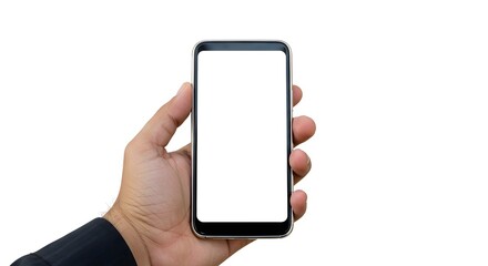 Hand Holding Smartphone with Blank White Screen, Isolated on White Background