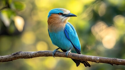 Indian Roller Bird Perched on Branch in Bandhavgarh Forest with Bright Blue Feathers and Natural Green Background 