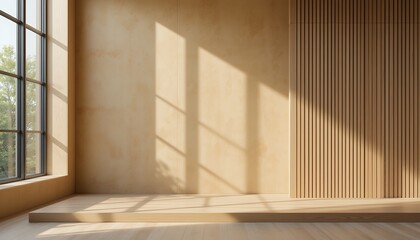 Obraz premium Bright minimalist room interior with large window and wooden panel wall in natural light