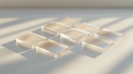 Grid of Transparent Square Blocks with Soft Shadows on a Light Surface