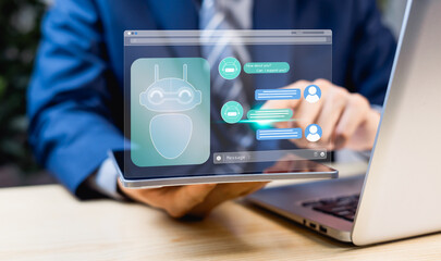 Intelligent Digital Customer Service Application Concept AI Chatbot Businessmen use mobile and laptop applications using Chatbot AI to assist with various needs, photos, videos, online text responses.