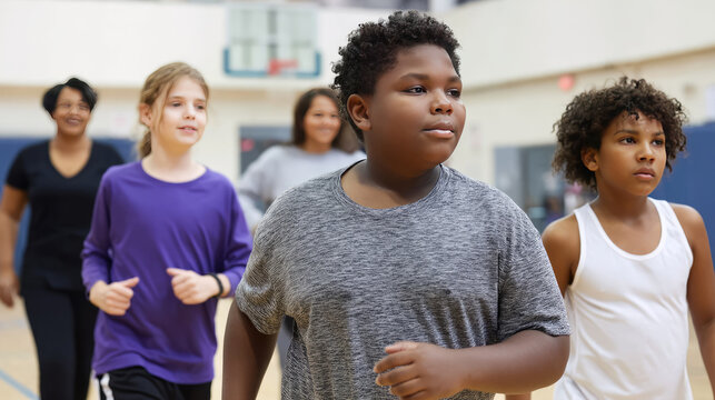 A group of children doing a fitness challenge at school, with one child struggling due to obesity
