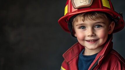 Young boy smiling wearing firefighter uniform and helmet