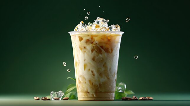 Iced pistachio latte in plastic cup on green background