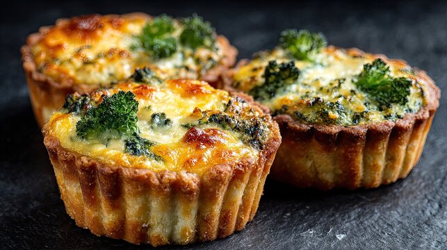 Delicious homemade mini quiches with broccoli and cheese baking on dark background