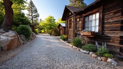 Obraz premium Gravel driveway leading to rustic wooden cabin