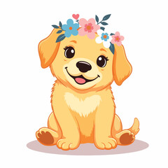 Fototapeta premium Playful puppy wearing floral wreath, cheerful illustration