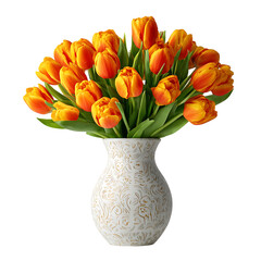 Orange tulips in a decorative vase.