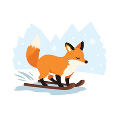 Obraz premium Playful fox gliding on sled down snowy hill, winter joy