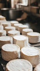 Round cheeses arranged in rows in a dairy.