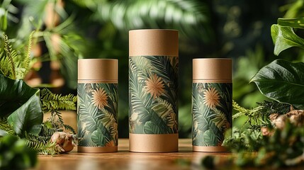 Kraft paper tubes with botanical packaging design, eco-friendly product branding concept for natural skincare