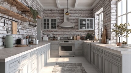 Obraz premium Grey brick interior kitchen design