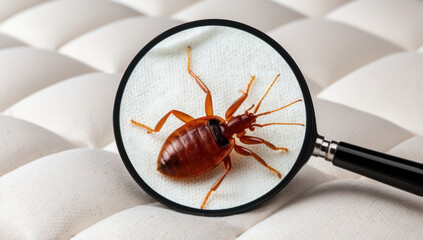 A single bed bug is visible on the surface of a mattress.