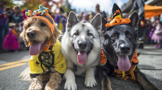 Group of dogs in Halloween costumes at pet parade