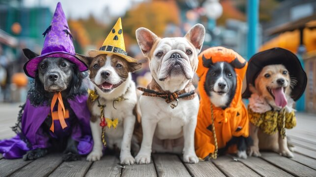 Group of dogs in Halloween costumes at pet parade - Powered by Adobe