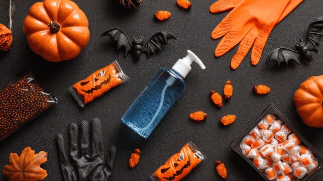 Halloween 2020 theme with sanitizer, gloves, and candy