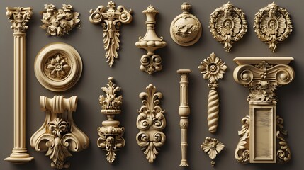 assortment of intricately crafted golden ornamental decor elements, showcasing luxurious and elegant designs