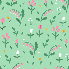 Simple seamless pattern with pink flowers on a light green background. Vector graphics.