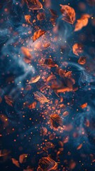 Golden autumn leaves gracefully drift through a mystical, glowing atmosphere with warm, fiery hues contrasting against a cool, blue-toned background.  