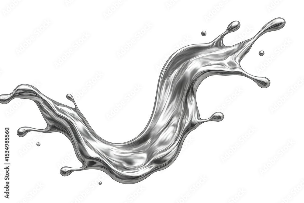 Poster metallic silver liquid mercury splashing and flowing on transparent background, creating a dynamic a