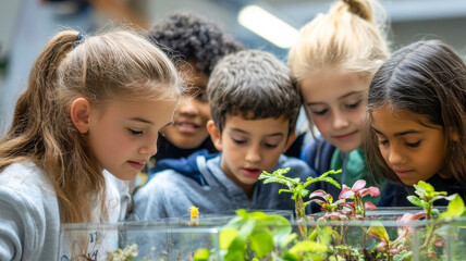 Curious elementary school students closely observe plants and small organisms inside a terrarium, engaging in a hands-on environmental science activity with fascination and teamwork.