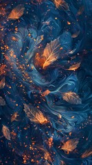 Golden autumn leaves gracefully drift through a mystical, glowing atmosphere with warm, fiery hues contrasting against a cool, blue-toned background.  