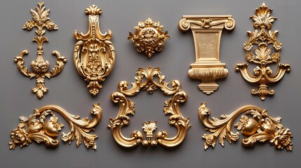 assortment of intricately crafted golden ornamental decor elements, showcasing luxurious and elegant designs