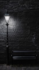 A solitary bench beneath an old-fashioned lamp casts a quiet, moody aura against a dark brick wa