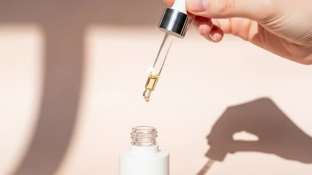 Close up view of hand using dropper to dispense essential oil serum bottle
