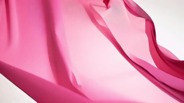 A single piece vibrant pink fabric floats mid air elegant flowing movement against soft pastel background weightless motion silky texture create minimalist 4K video perfect elegance focused branding
