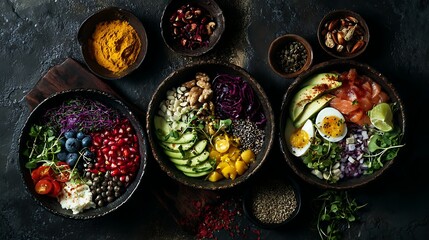 Healthy food bowls balanced diet delicious gourmet recipe colorful ingredients dark background studio shot