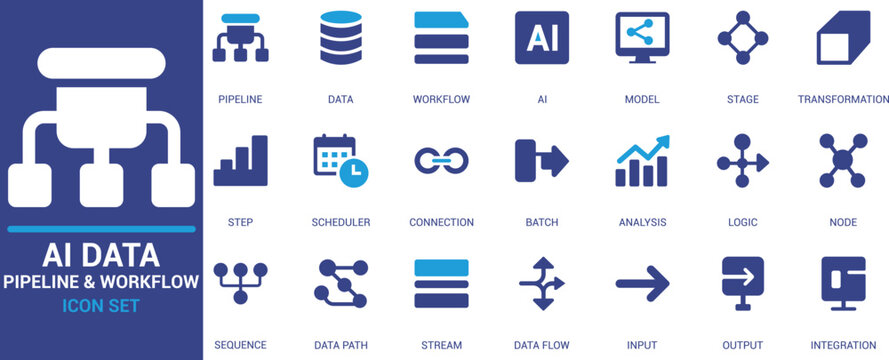 Flat AI data pipeline and workflow icon set featuring data flow, model, scheduler, logic, batch processing, transformation, input-output, and integration tools.

