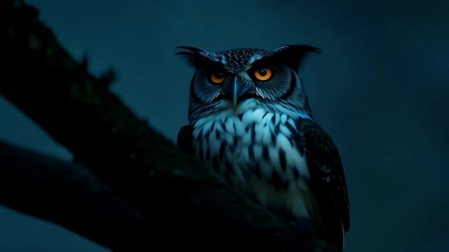 A curious little owl perches motionless dark tree branch large eyes glistening reflection it stares directly camera background is nearly black creating mysterious cinematic mood Perfect wildlife